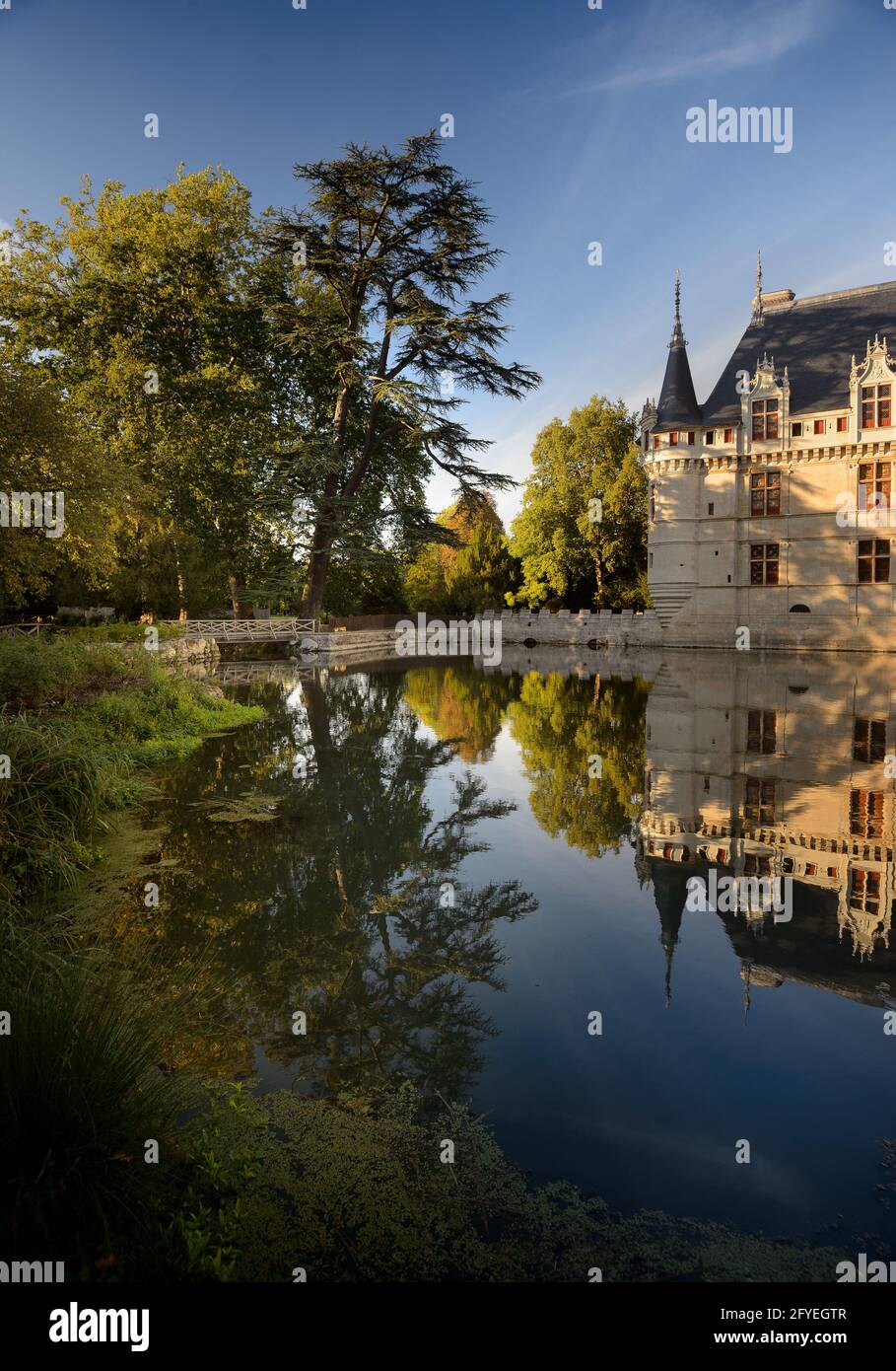 FRANCIA. INDRE-ET-LOIRE (37) CASTELLO DI AZAY-LE-RIDEAU E FIUME INDRE Foto Stock