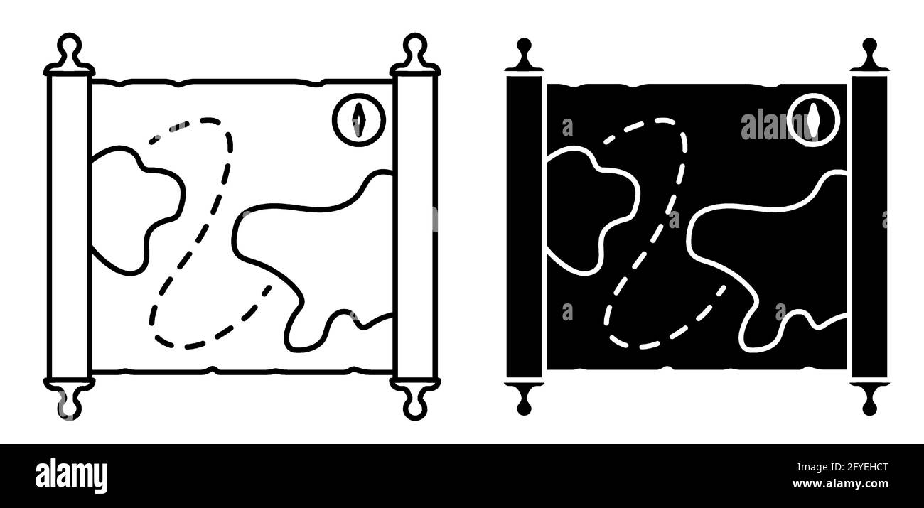 icona della vecchia mappa. Carta papiro arrotolata. Lettere medievali e mappe del tesoro dei pirati. Semplice vettore in bianco e nero Illustrazione Vettoriale