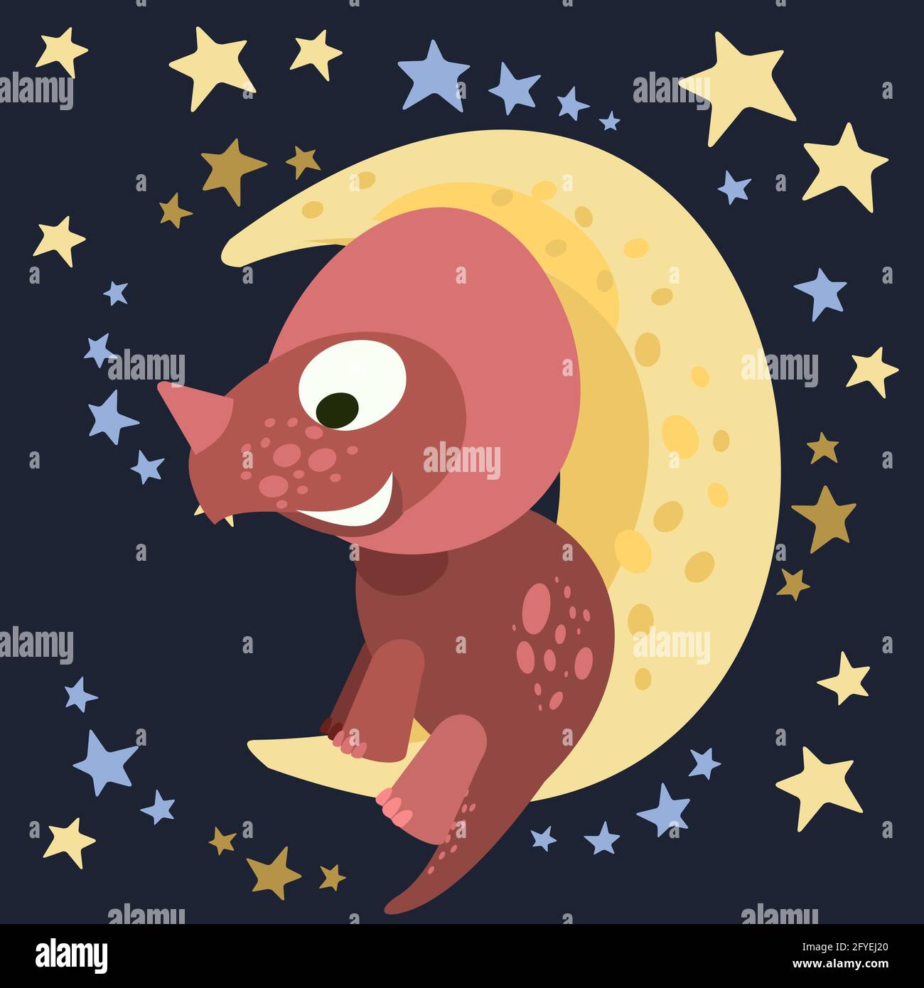 Il piccolo cucciolo di dinosauro si siede sulla luna. Cielo stellato notturno . Allegro tipo animale dino bambino. Cartoni animati stile piatto. Rettile preistorico. Divertente. Illustrazione Illustrazione Vettoriale