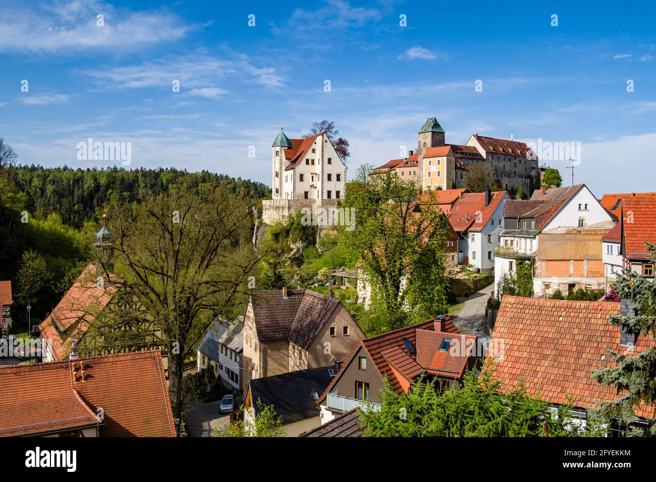 Castello di Hohnstein, che si affaccia sui tetti della piccola città. Foto Stock