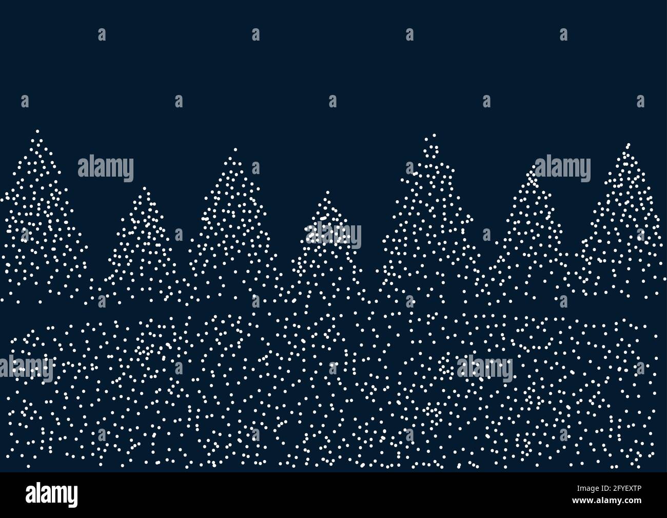 Nevicate in montagna. Caduta fiocchi di neve sulla foresta di notte. Vettore di uno sfondo invernale con spazio di copia. Illustrazione Vettoriale