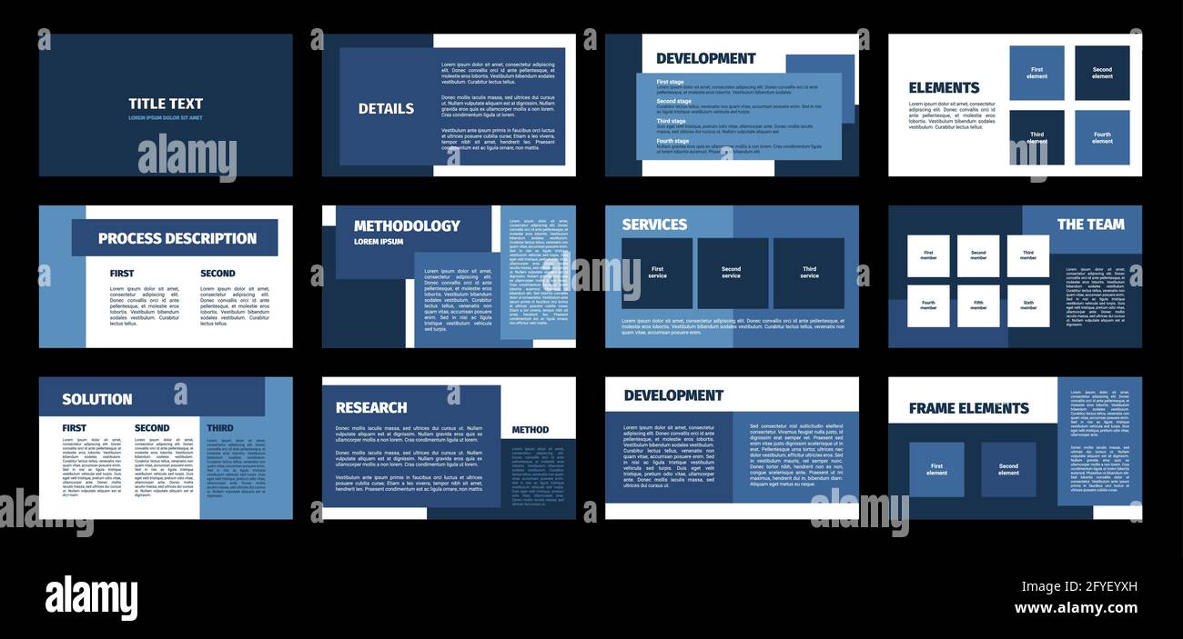 Modello di presentazione. Rettangoli blu e bianco, design piatto, 12 vetrini. Titolo, dettaglio, sviluppo, elemento, descrizione del processo, metodologia, servica Illustrazione Vettoriale