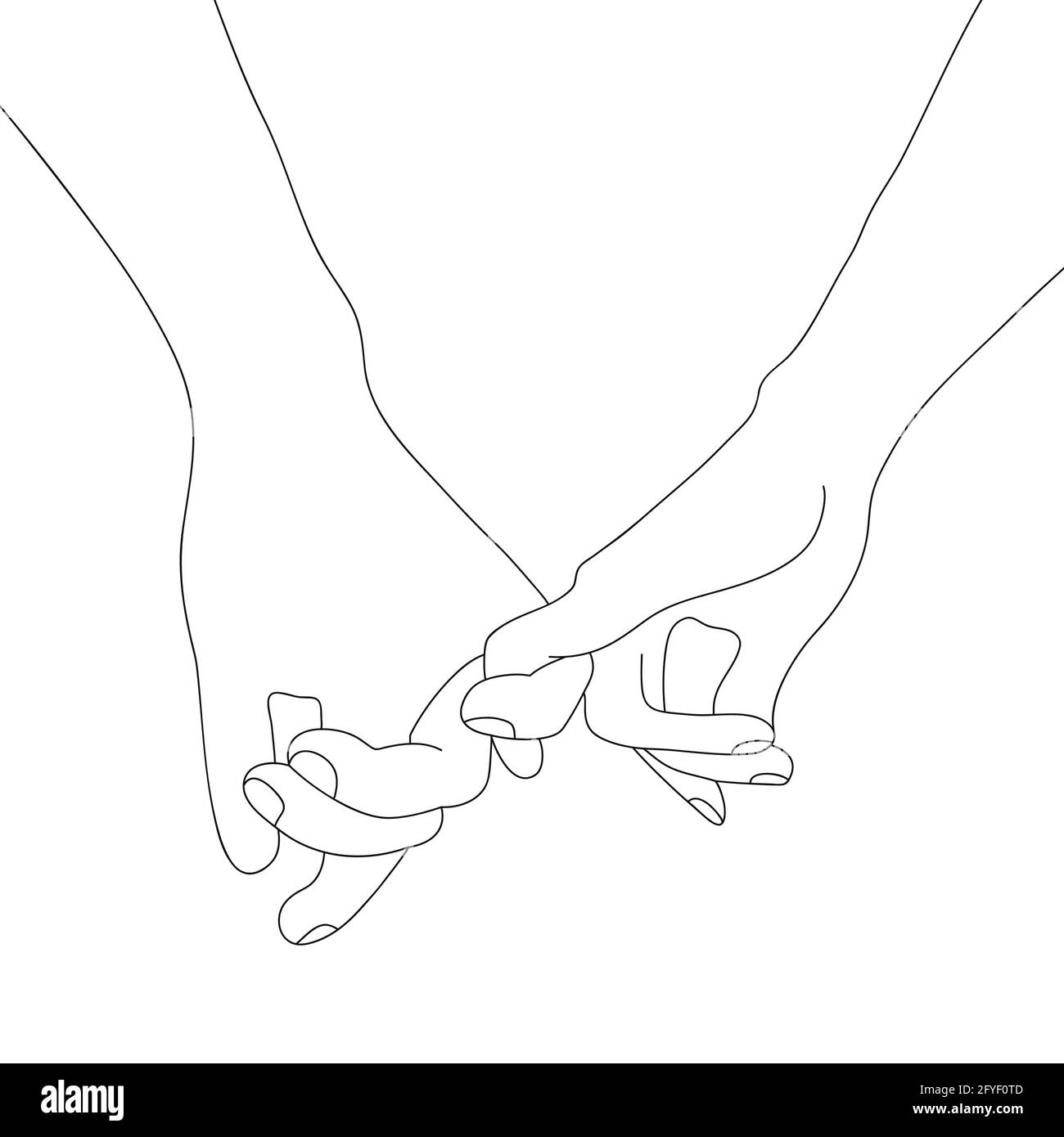 Disegno vettoriale a mano di linea isolato su sfondo bianco. Donna e uomo che tengono insieme le mani con le dita. Illustrazione vettoriale. Illustrazione Vettoriale