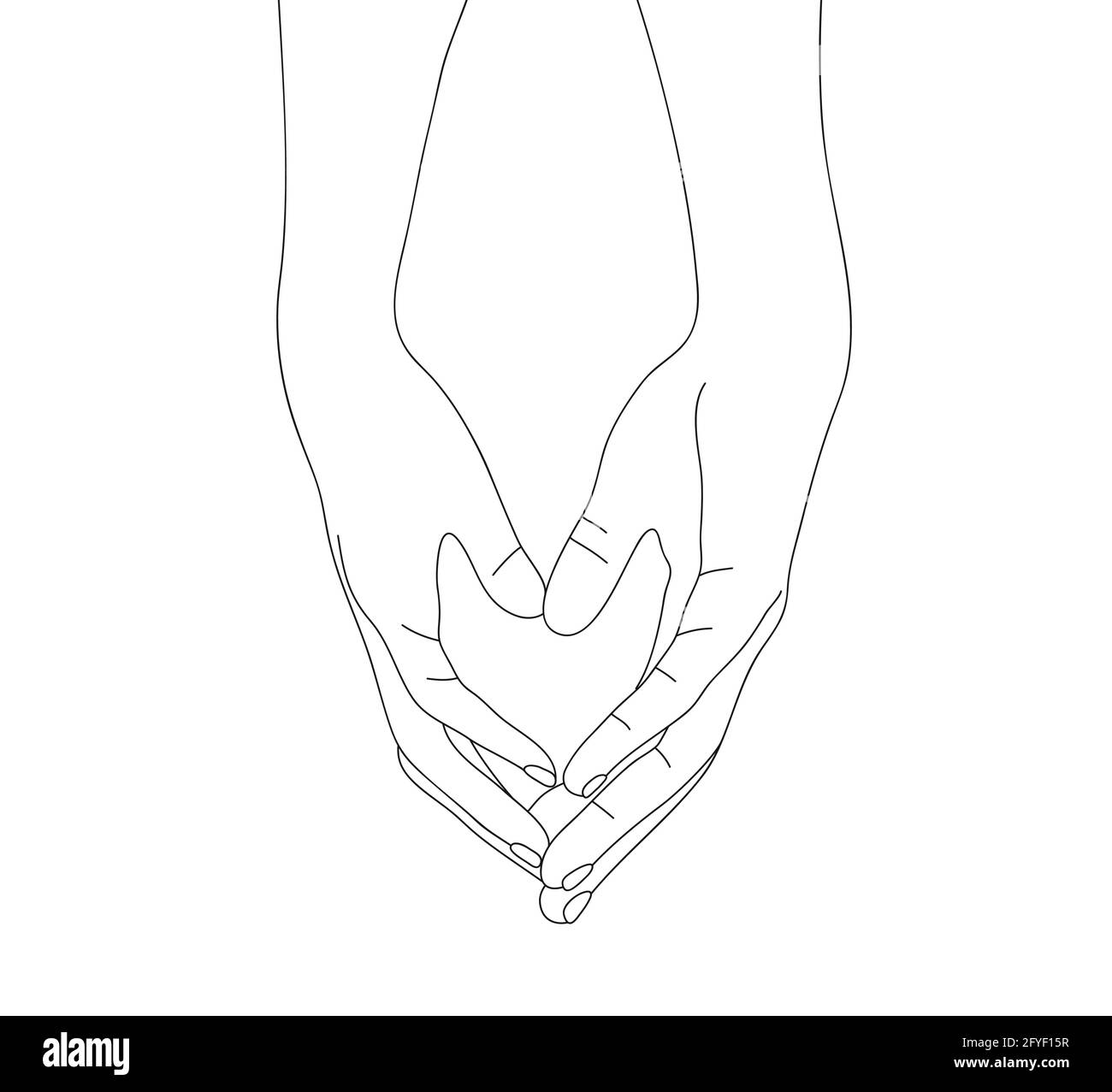 Illustrazione vettoriale delle mani line art isolata su sfondo bianco. Tenere insieme le mani. Illustrazione vettoriale. Concetto per arte da parete, logo, carta, striscione. Illustrazione Vettoriale