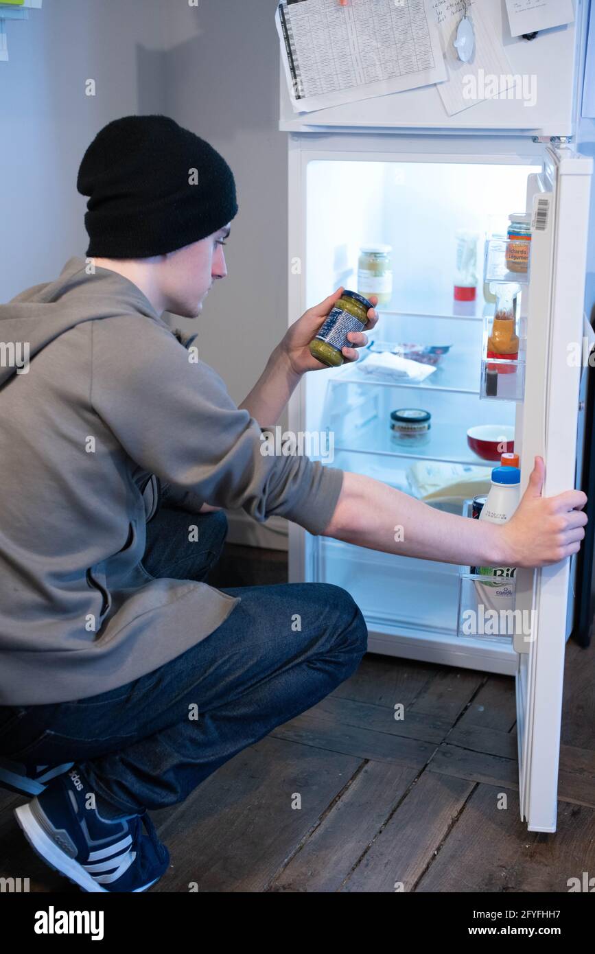 Verifica della composizione o della data di scadenza dei prodotti alimentari, Francia. Foto Stock