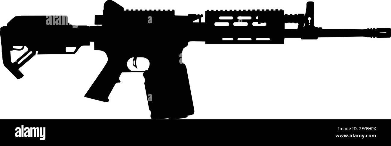 Immagine vettoriale silhouette della moderna macchina militare pistola simbolo illustrazione isolato su sfondo bianco. Armi dell'esercito e della polizia. Illustrazione Vettoriale