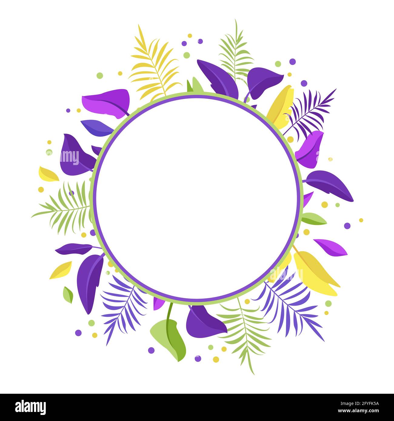 Corona di foglie di palma. Cornice rotonda di foglie esotiche di colore viola chiaro, giallo e verde. Decorazioni estive festive per le vacanze, cartolina, poster e. Illustrazione Vettoriale