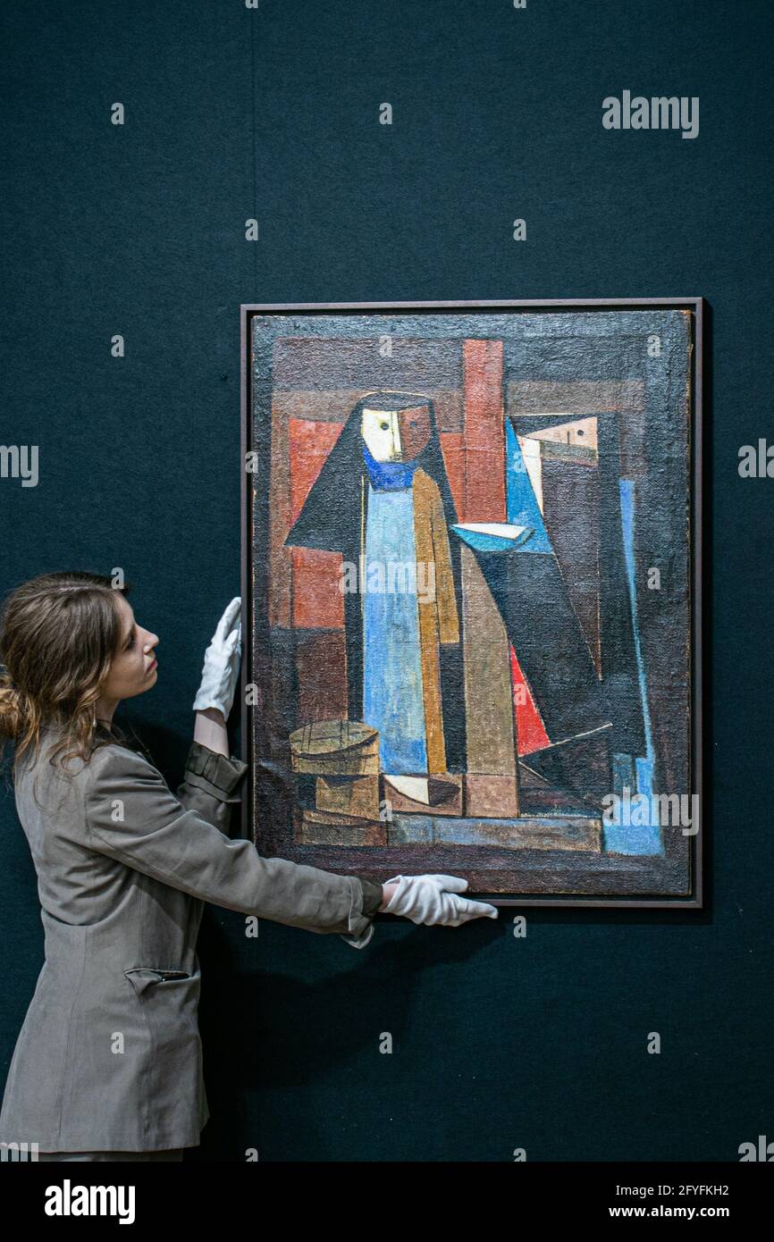 NEW BOND STRRET LONDRA 28 MAGGIO 2021. FAEQ HASSAN (Iraq, 1914-1992), El-Allabat (i venditori della cagliata). Stima: 20,000- 50,000. L'invito fotografico per la vendita di arte moderna e contemporanea mediorientale di Bonhams, l'era perduta del modernismo iracheno. Credit: amer Ghazzal/Alamy Live News Foto Stock