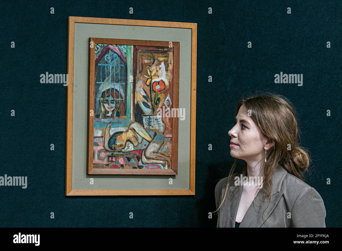 NEW BOND STRRET LONDRA 28 MAGGIO 2021. JEWAD SELIM (Iraq, 1919-1961), Donne in attesa. Stima: 100,000- 150,000. L'invito fotografico per la vendita di arte moderna e contemporanea mediorientale di Bonhams, l'era perduta del modernismo iracheno. Credit: amer Ghazzal/Alamy Live News Foto Stock