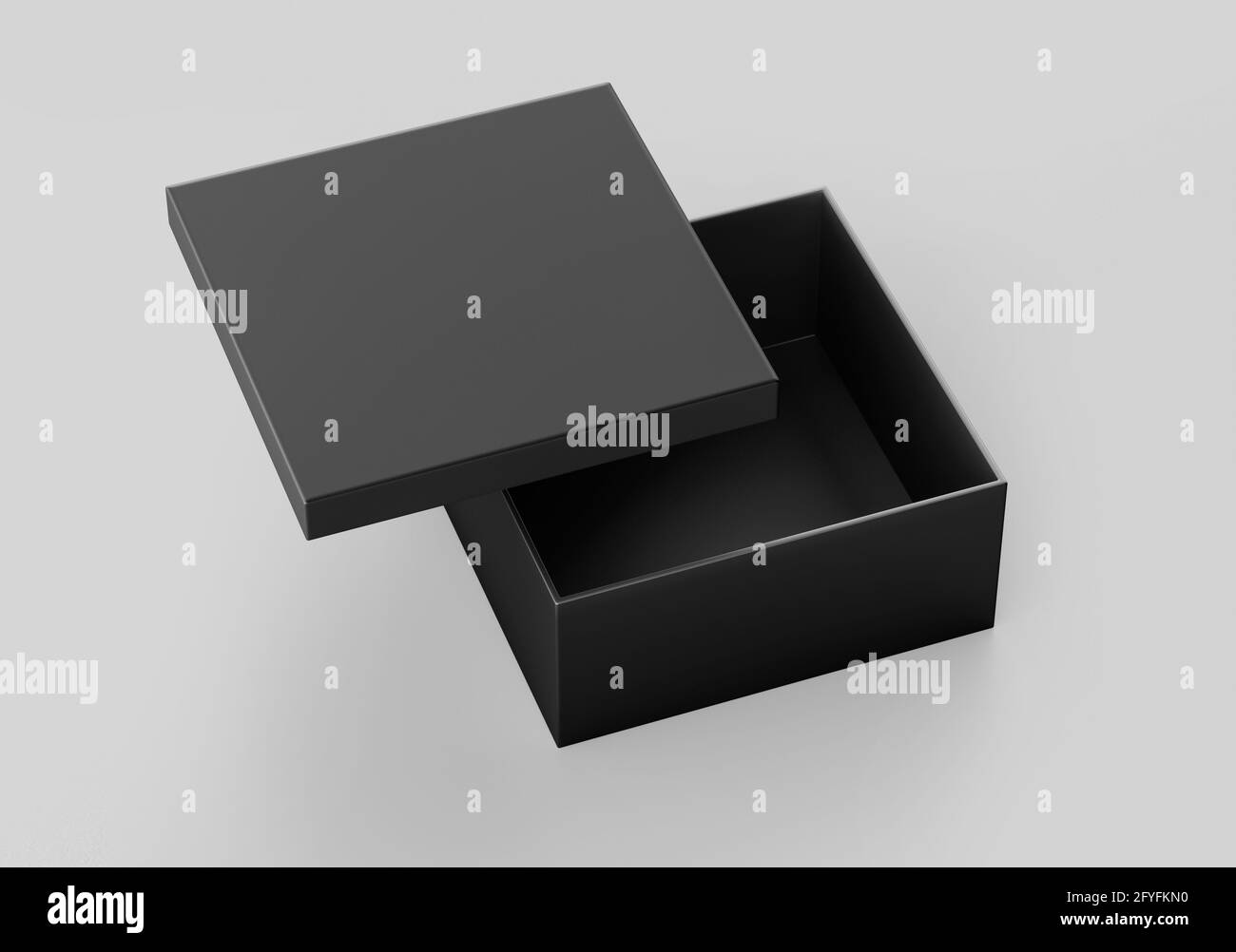 Black Square Box Mockup, contenitore Dark Shoe Box, 3d reso isolato su sfondo chiaro, pronto per il tuo design Foto Stock