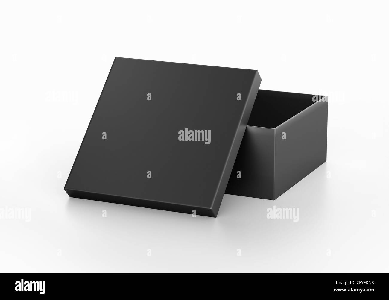 Black Square Box Mockup, contenitore Dark Shoe Box, 3d reso isolato su sfondo chiaro, pronto per il tuo design Foto Stock