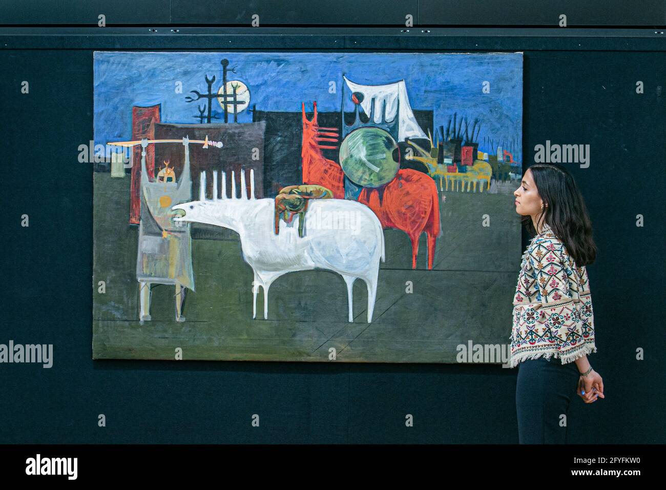 NEW BOND STRRET LONDRA 28 MAGGIO 2021. KHADHIM HAYDER (Iraq, 1932-1985), come si è fatto a vagare con il cuore di un martire. Stima: 100,000- 150,000. L'invito fotografico per la vendita di arte moderna e contemporanea mediorientale di Bonhams, l'era perduta del modernismo iracheno. Credit: amer Ghazzal/Alamy Live News Foto Stock