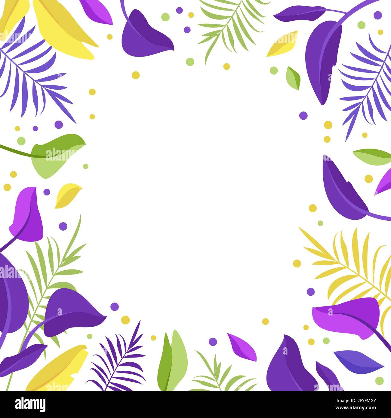 Banner Palm Leaf. Cornice di foglie esotiche di colore viola, giallo e verde. Decorazioni estive festive per la vacanza, cartolina, poster e design Illustrazione Vettoriale
