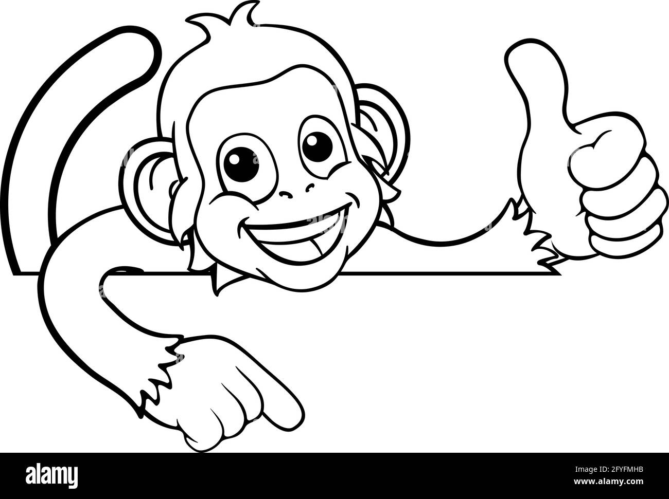 Monkey Cartoon di puntamento animale pollice in alto segno Illustrazione Vettoriale