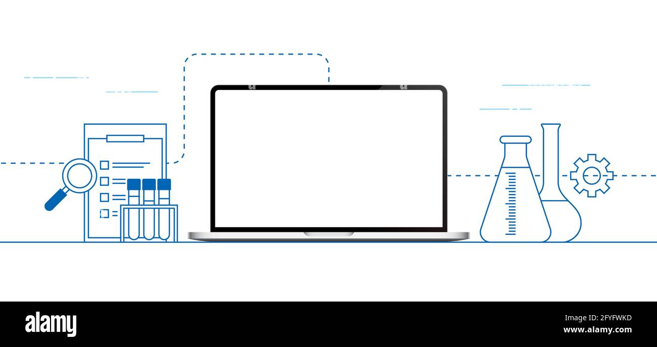 Progettazione vettoriale di banner scientifici con laptop e attrezzature da laboratorio. Illustrazione Vettoriale