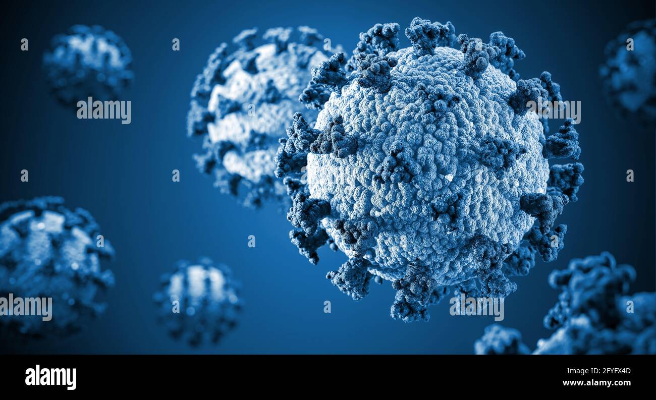 illustrazione del virus covid-19 in tono blu. rendering 3d. Foto Stock