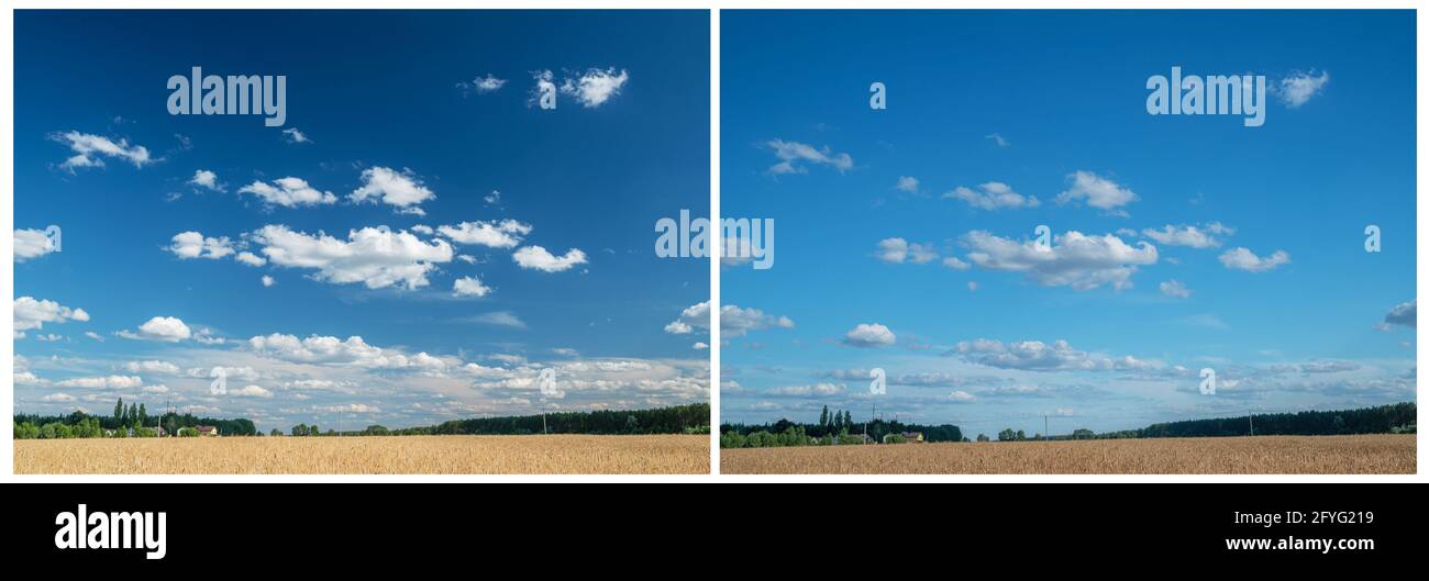 Effetto di un filtro polarizzante mostrato sulla foto del paesaggio estivo. Foto Stock