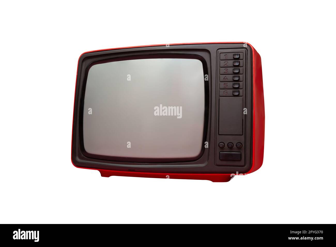Televisore rosso d'epoca su sfondo bianco isolato Foto Stock