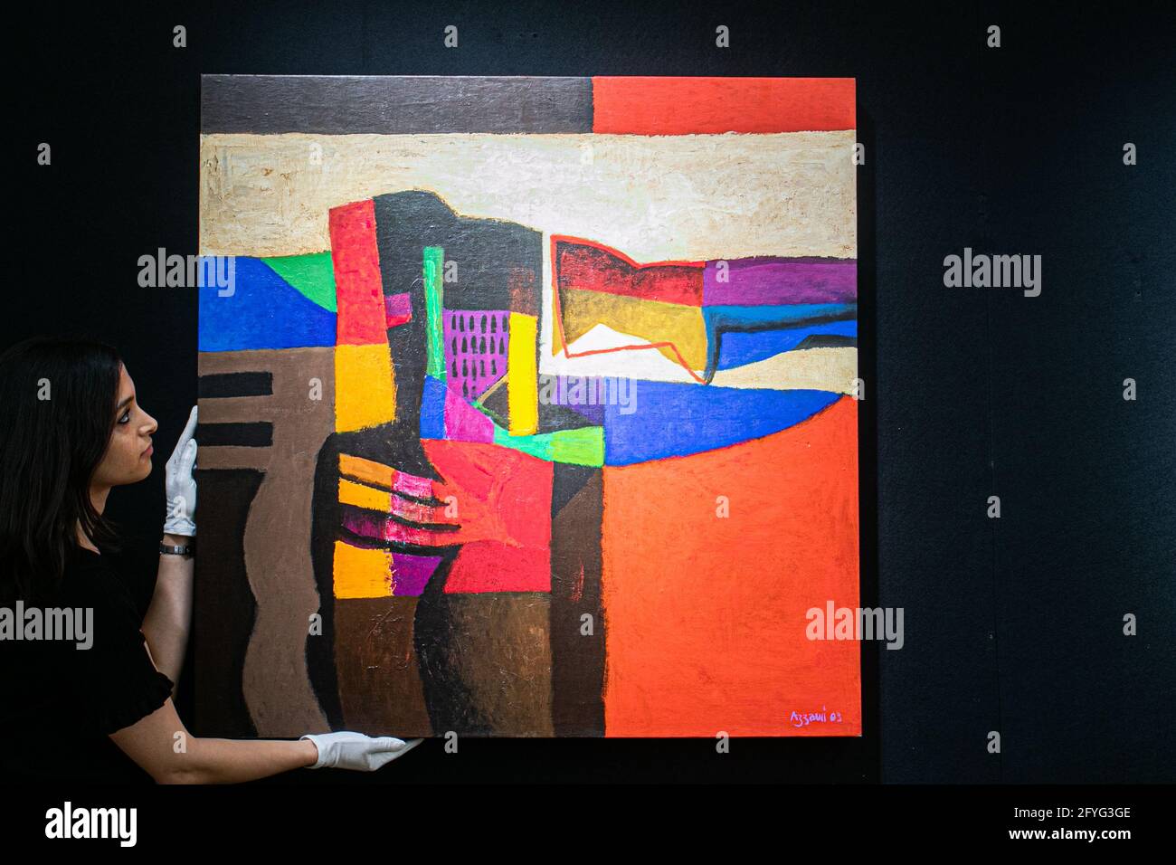 NEW BOND STREET LONDRA 28 MAGGIO 2021. DIA AZZAWI, (Iraq nato nel 1939). Improvvisazione II, stima: £20,000-30,000.The photo call for Bonhams's Modern and Contemporary Middle Eastern Art sale, Lost era of irachene Modernism. Credit: amer Ghazzal/Alamy Live News Foto Stock