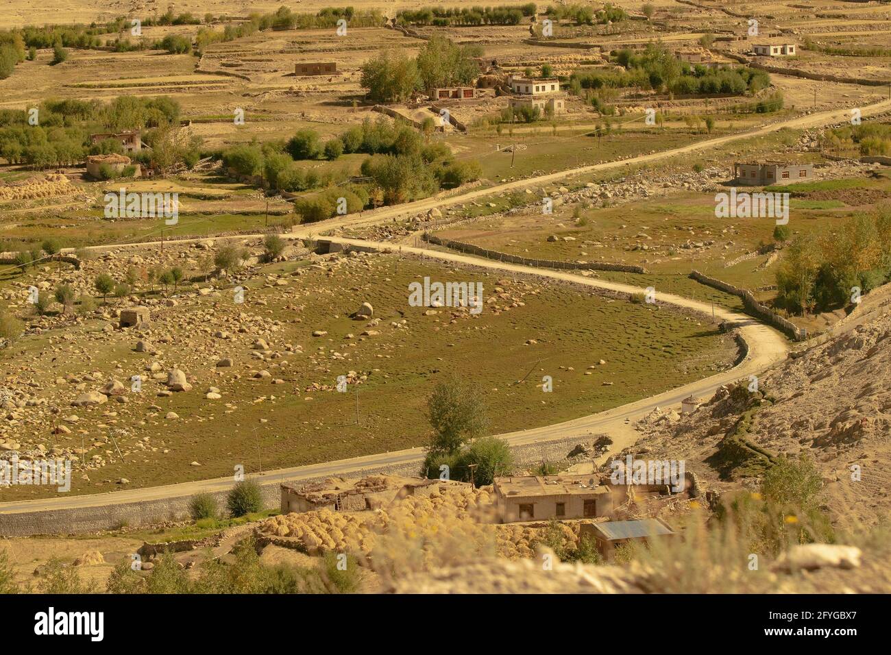 Strada curvilinea di Leh con vista verde terra dalla cima, Ladakh, territorio dell'Unione, India Foto Stock