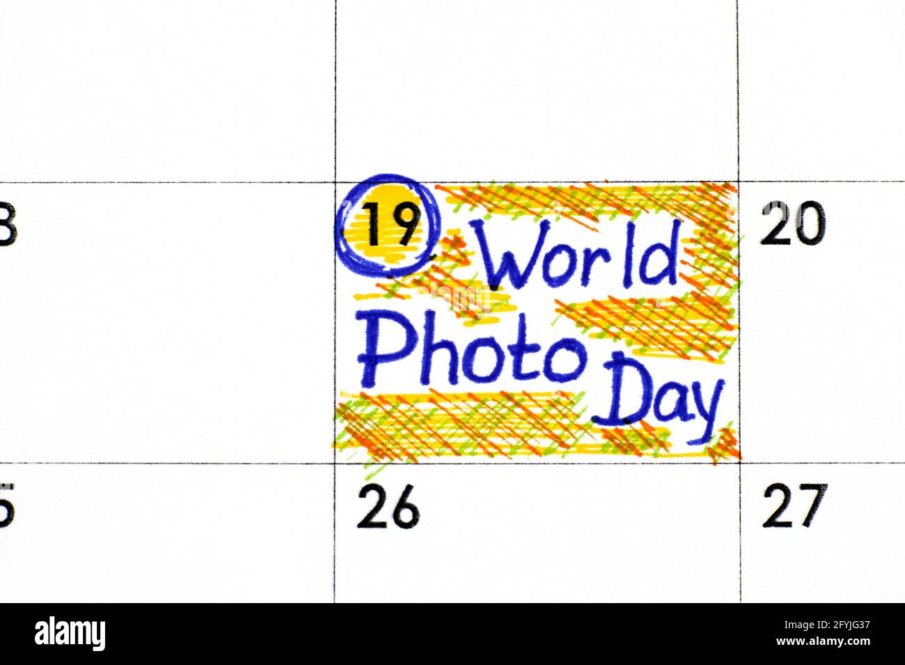 Promemoria Giornata Mondiale della Foto in calendario. Agosto 19. Foto Stock