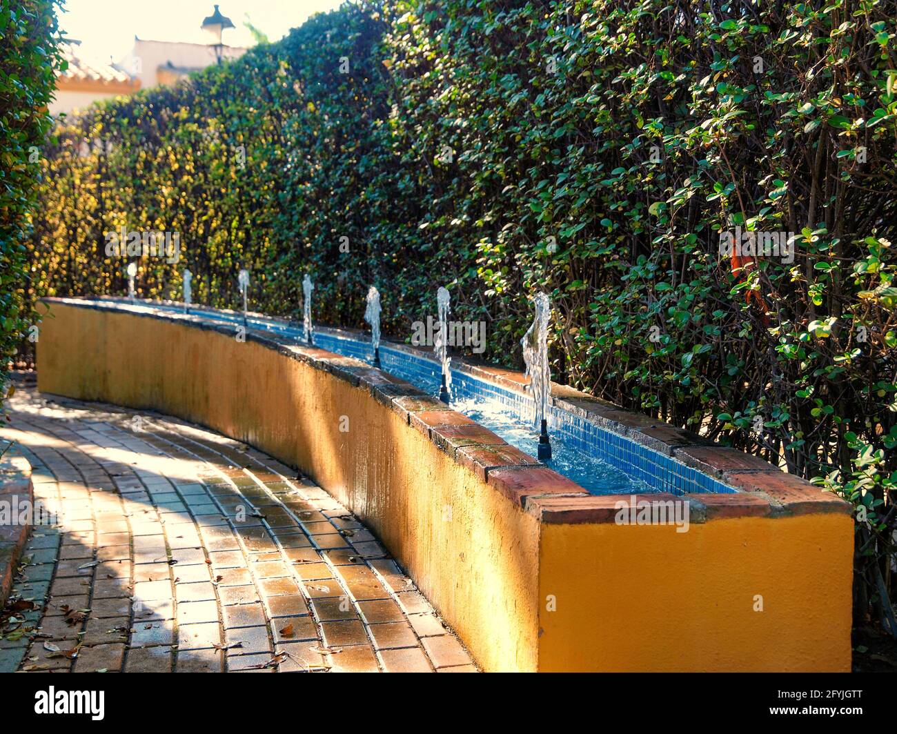 Fontana con diversi getti d'acqua nel giardino Foto Stock