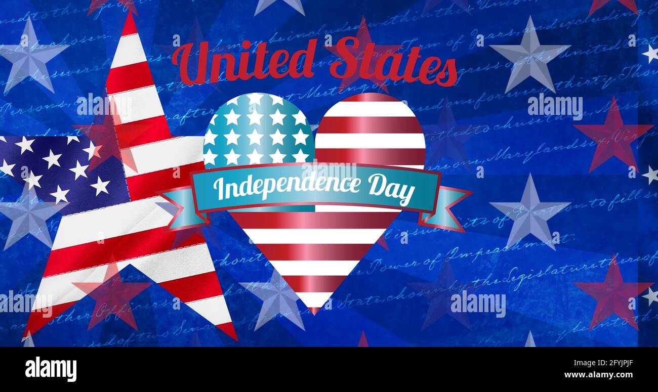 Composizione del giorno di indipendenza degli stati uniti testo e cuore con stelle e strisce di bandiera americana Foto Stock