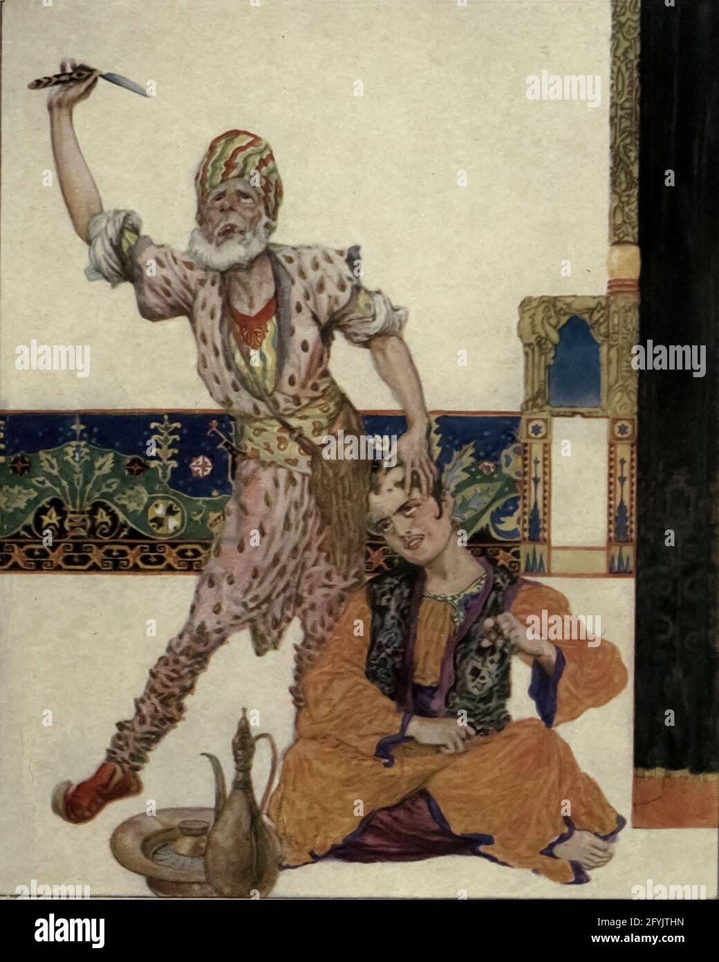 Sono lui che la gente chiama El Samit il silenzio! Illustrazione a colori della storia raccontata dal sarto il giovane uomo e il Barbiere dal libro ' More Tales from the Arabian Nights, basato sulla traduzione dall'arabo ' di Edward William Lane e Frances Jenkins Olcott, Editore New York, H. Holt e società 1915 Foto Stock