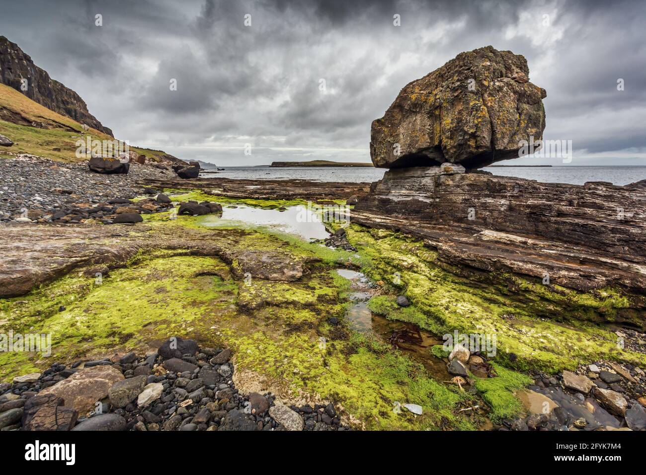 Grandi rocce e impronte di dinosauri a Staffin Bay sull'Isola di Skye. Foto Stock