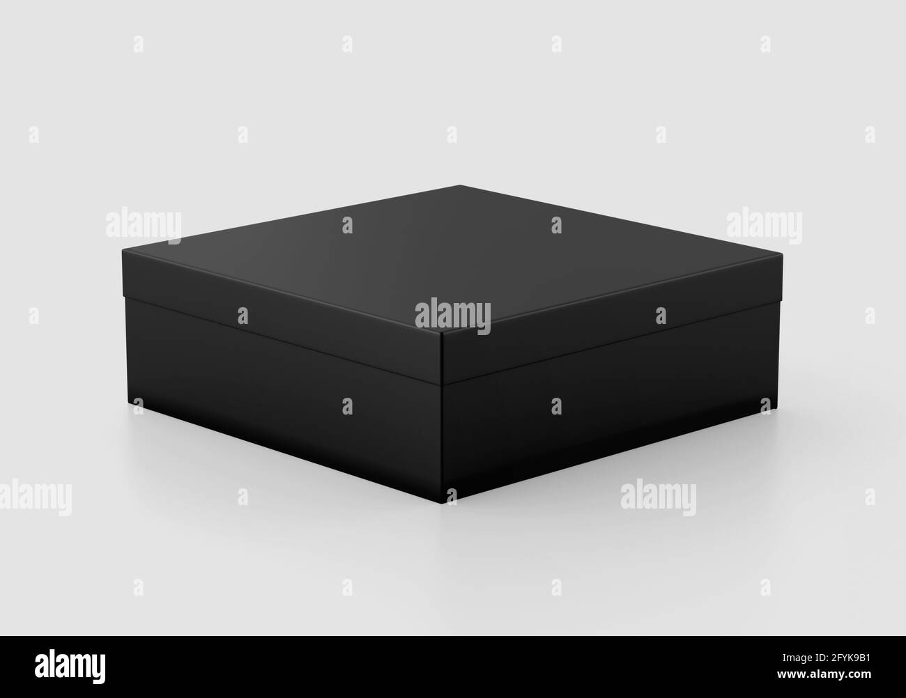 Black Square Box Mockup, contenitore di cartone Dark Shoe Box, rendering 3d isolato su sfondo chiaro Foto Stock