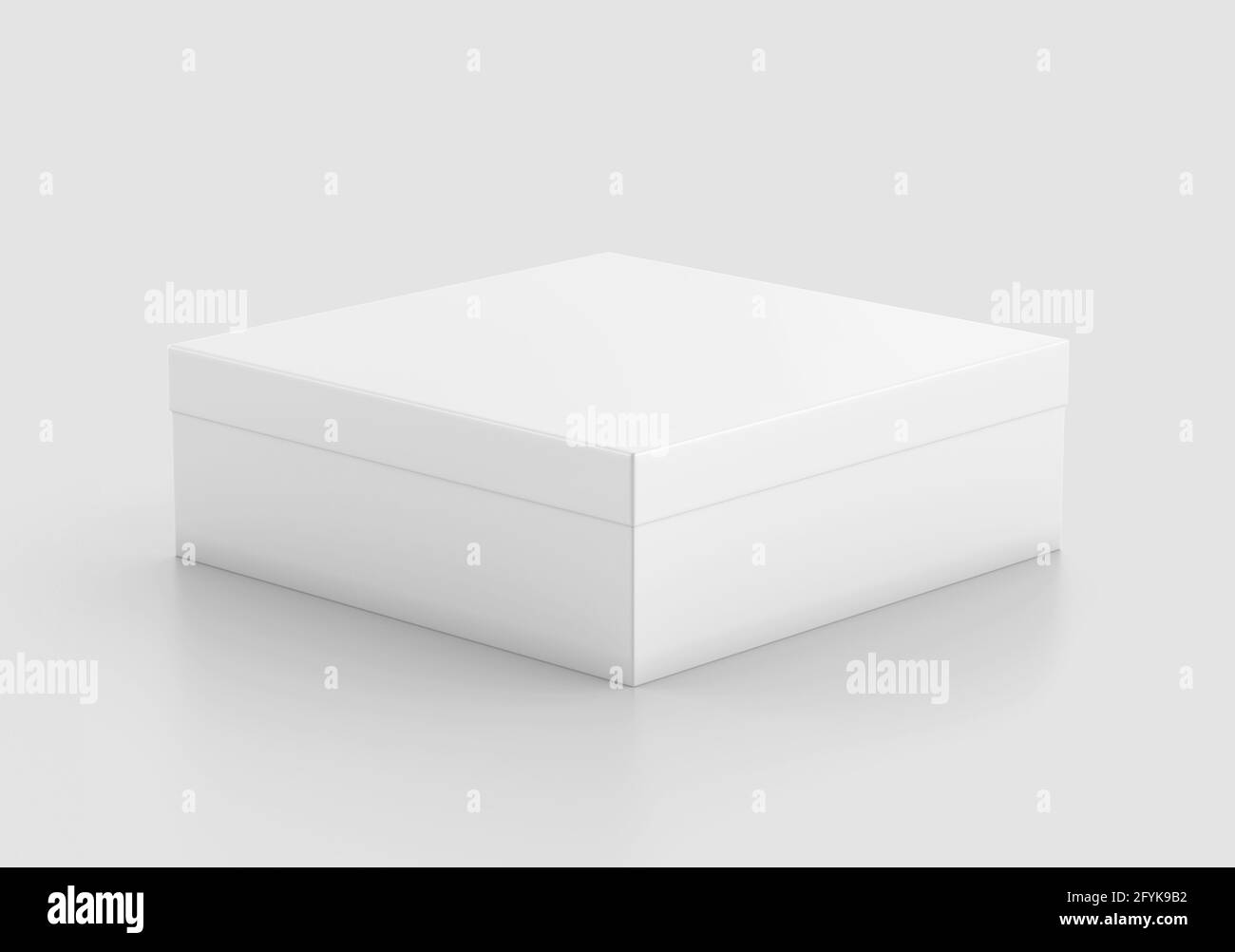 Scatola bianca quadrata Mockup, contenitore di cartone vuoto per shoe box, rendering 3d isolato su sfondo chiaro Foto Stock