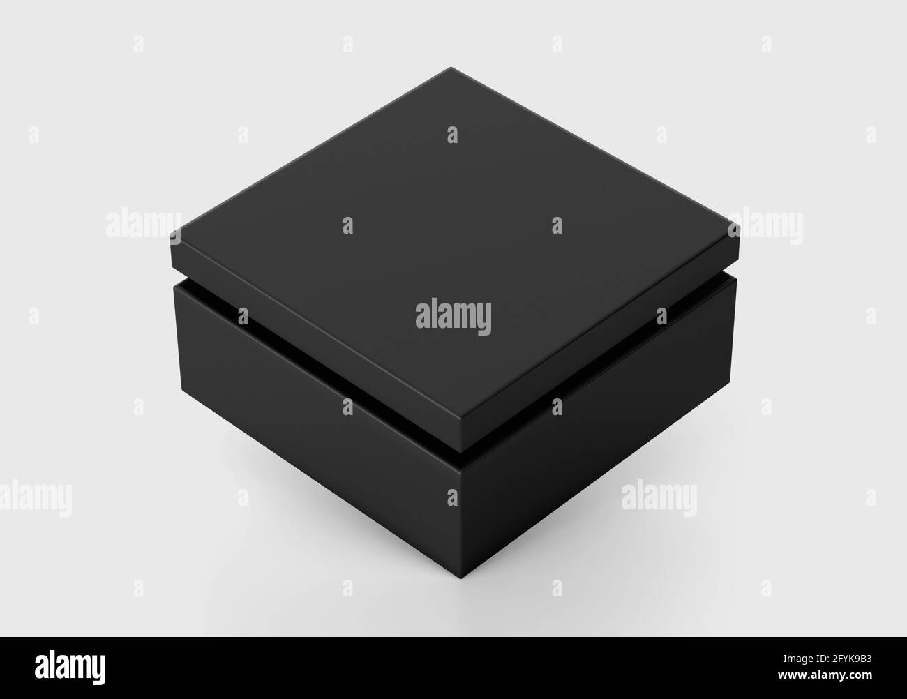 Black Square Box Mockup, contenitore di cartone Dark Shoe Box, rendering 3d isolato su sfondo chiaro Foto Stock