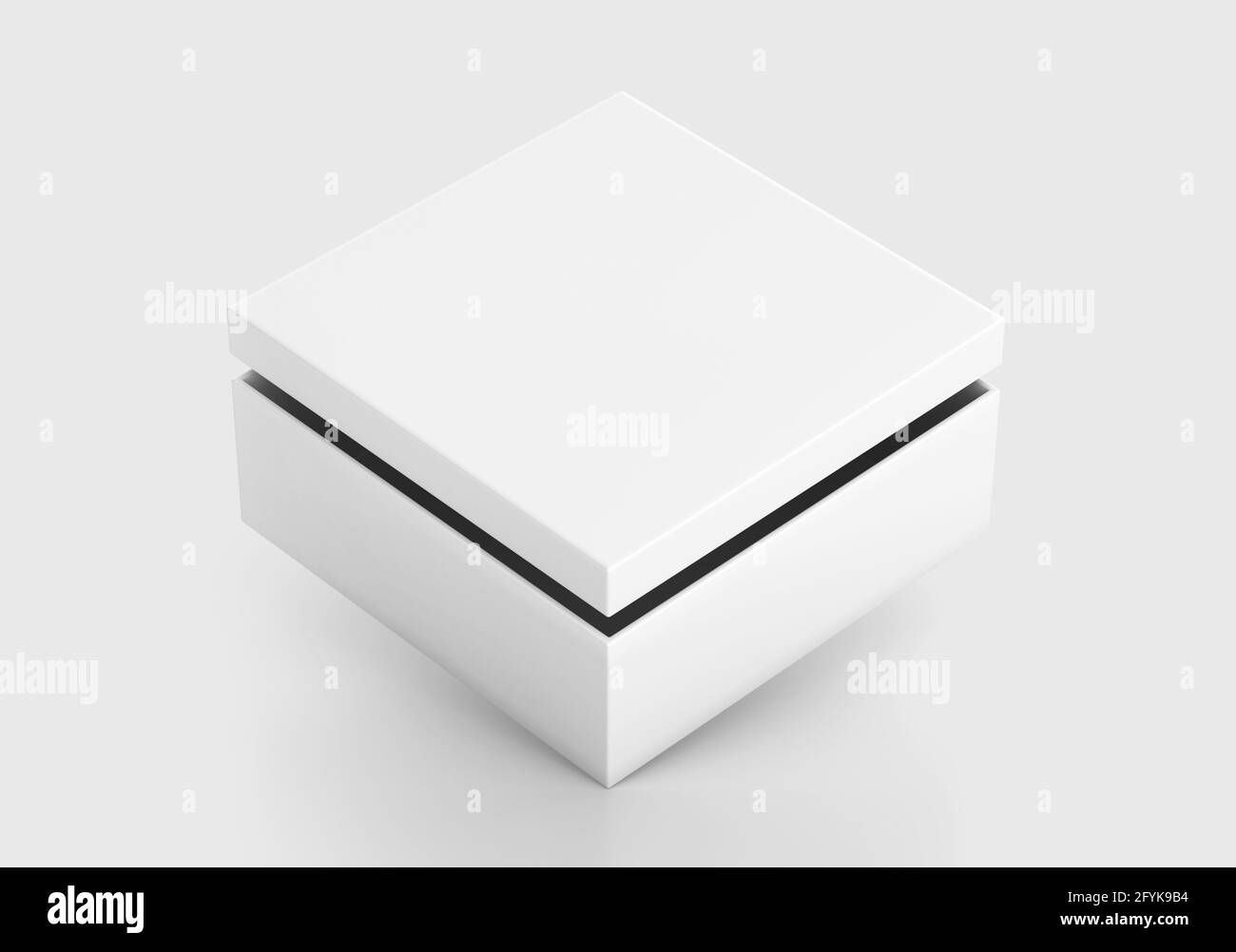 Scatola bianca quadrata Mockup, contenitore di cartone vuoto per shoe box, rendering 3d isolato su sfondo chiaro Foto Stock