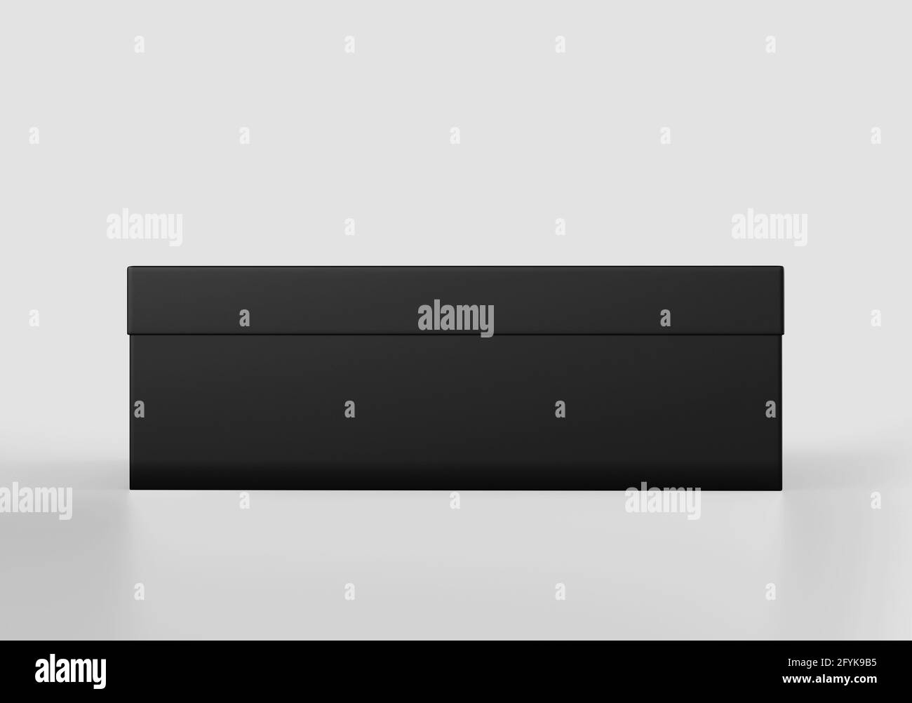 Black Square Box Mockup, contenitore di cartone Dark Shoe Box, rendering 3d isolato su sfondo chiaro Foto Stock