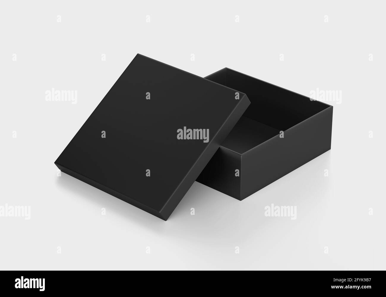 Black Square Box Mockup, contenitore di cartone Dark Shoe Box, rendering 3d isolato su sfondo chiaro Foto Stock