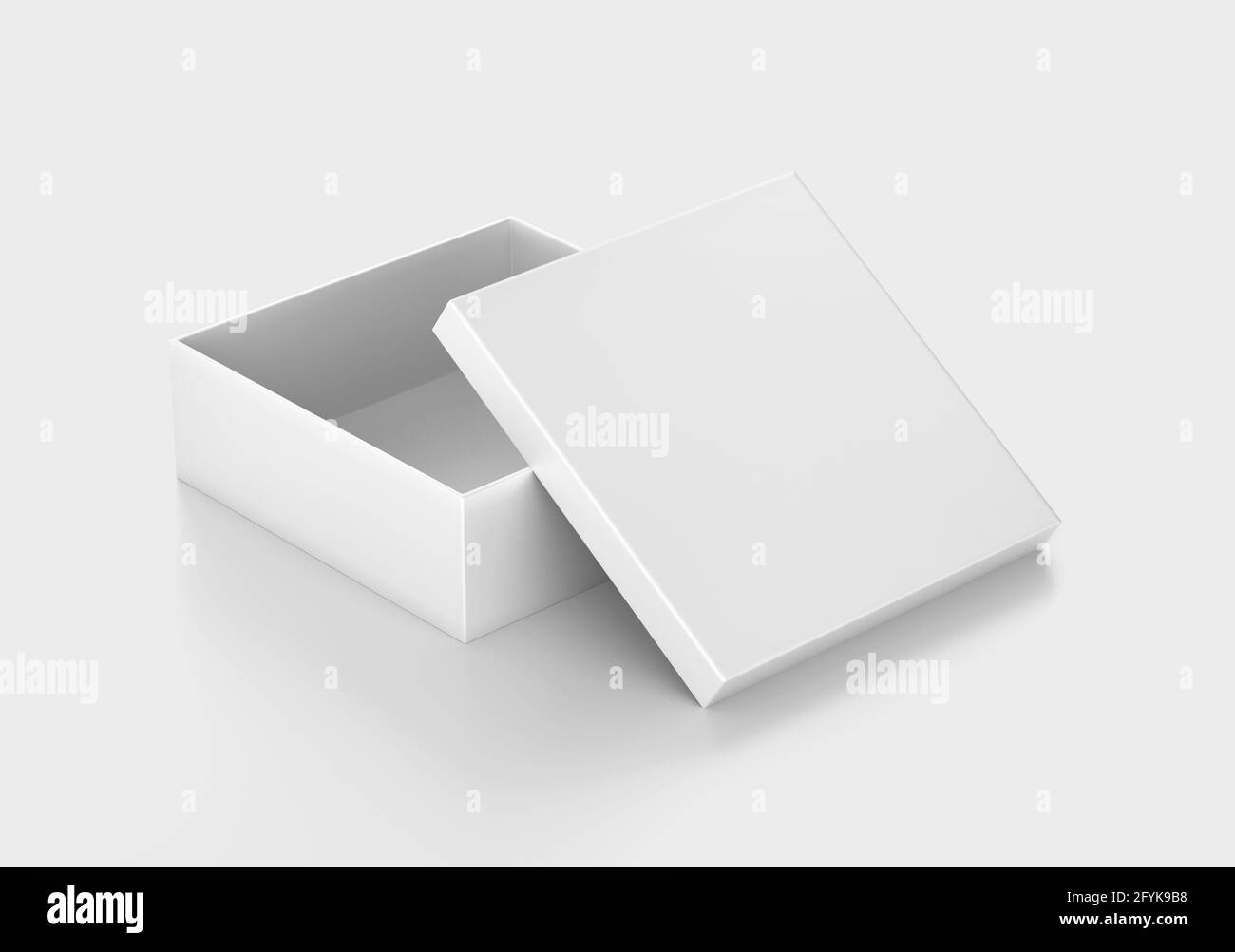Scatola bianca quadrata Mockup, contenitore di cartone vuoto per shoe box, rendering 3d isolato su sfondo chiaro Foto Stock