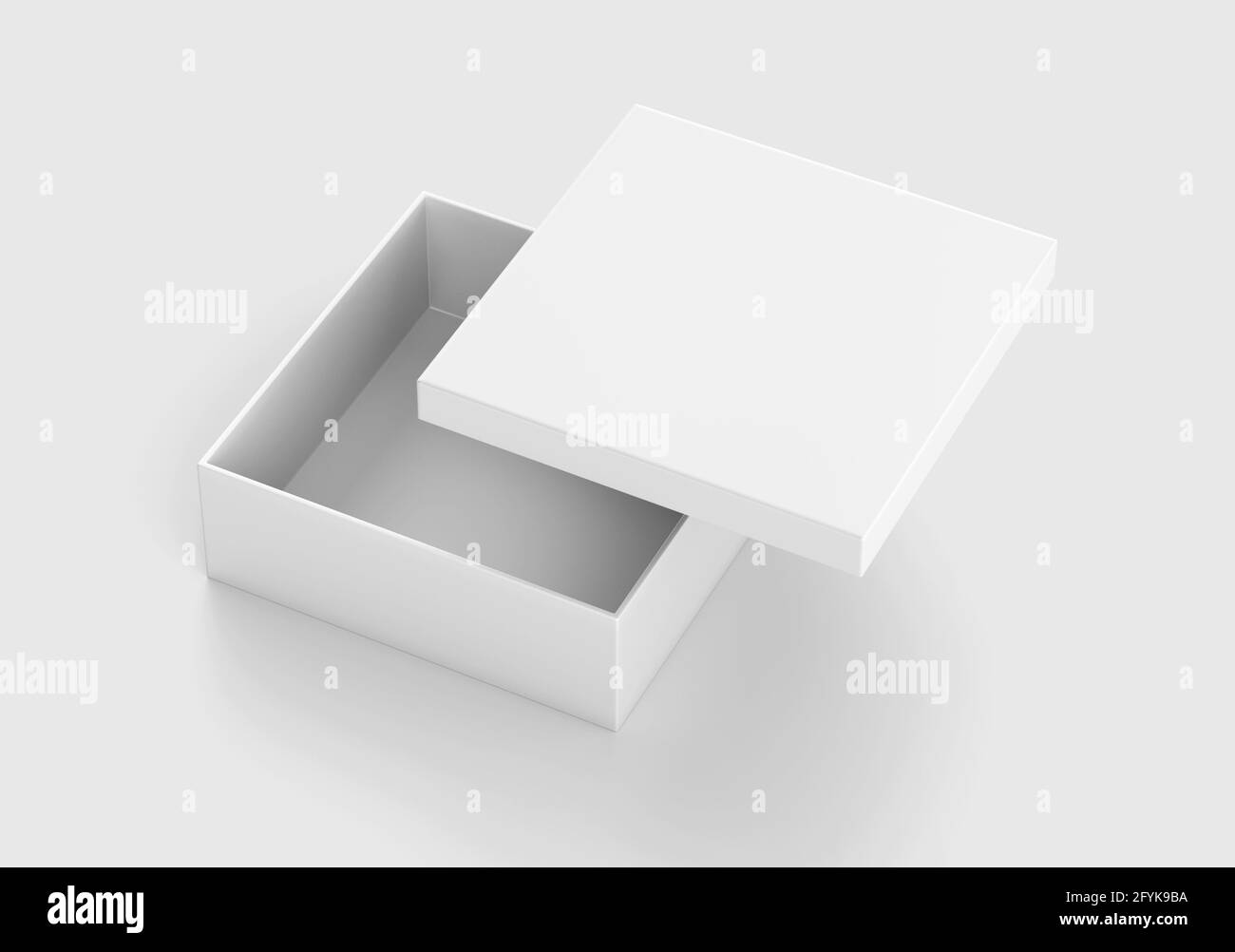 Scatola bianca quadrata Mockup, contenitore di cartone vuoto per shoe box, rendering 3d isolato su sfondo chiaro Foto Stock