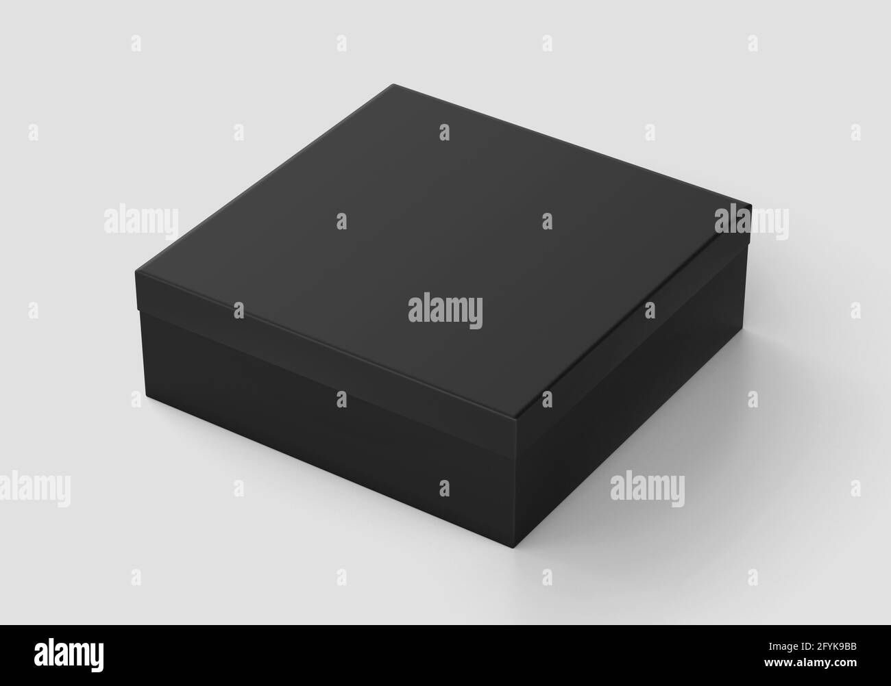 Black Square Box Mockup, contenitore di cartone Dark Shoe Box, rendering 3d isolato su sfondo chiaro Foto Stock