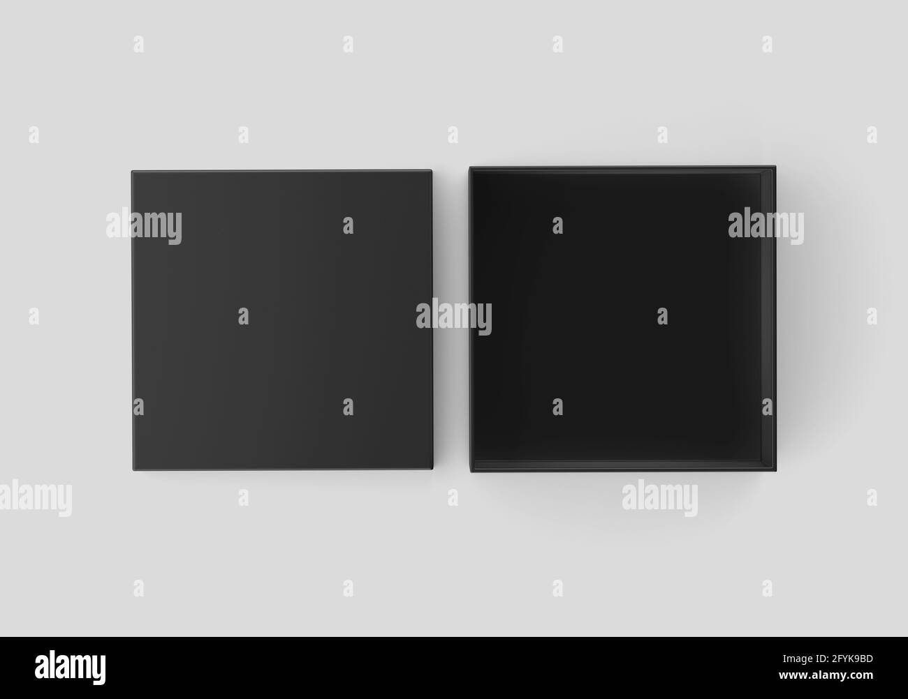 Black Square Box Mockup, contenitore di cartone Dark Shoe Box, rendering 3d isolato su sfondo chiaro Foto Stock