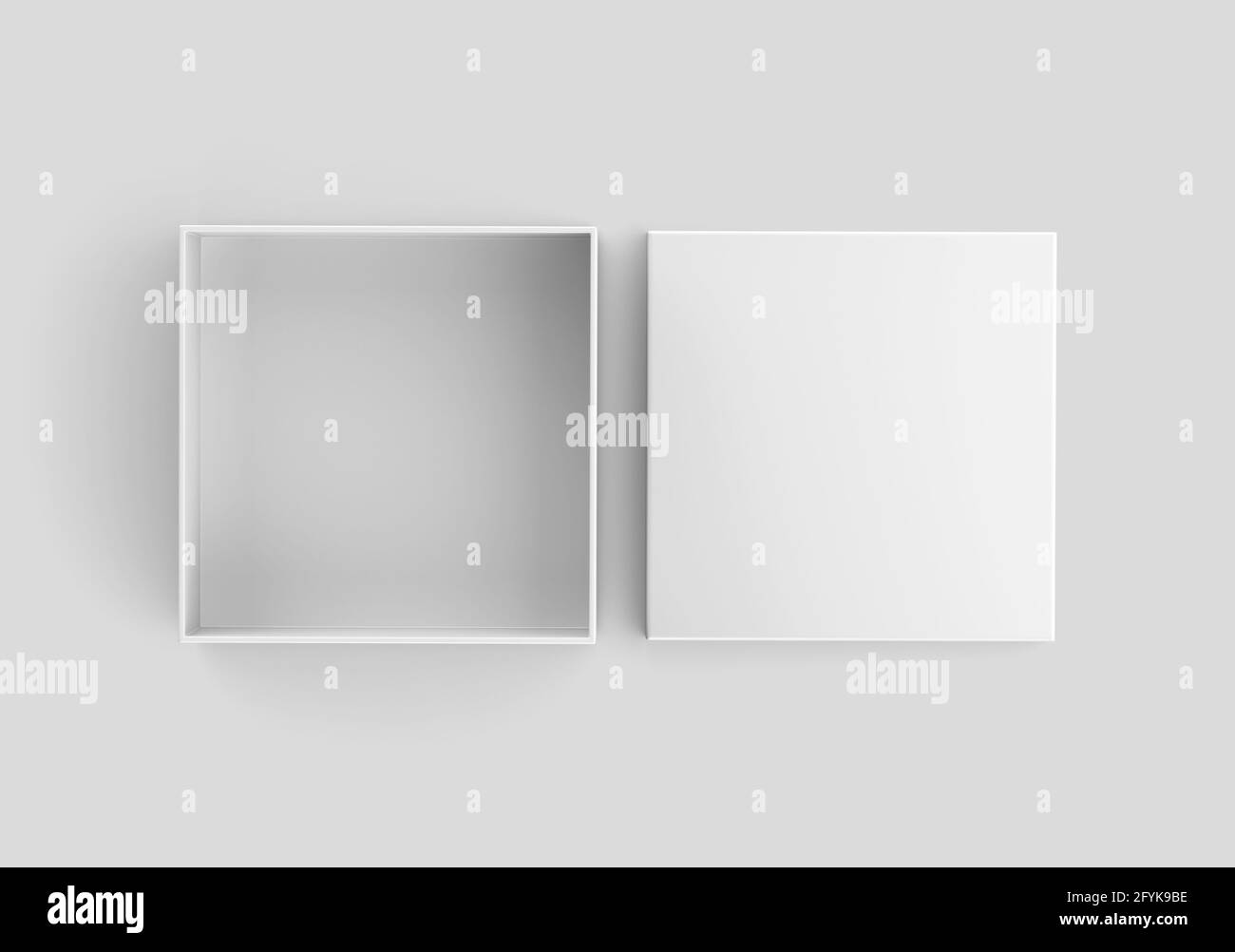 Scatola bianca quadrata Mockup, contenitore di cartone vuoto per shoe box, rendering 3d isolato su sfondo chiaro Foto Stock