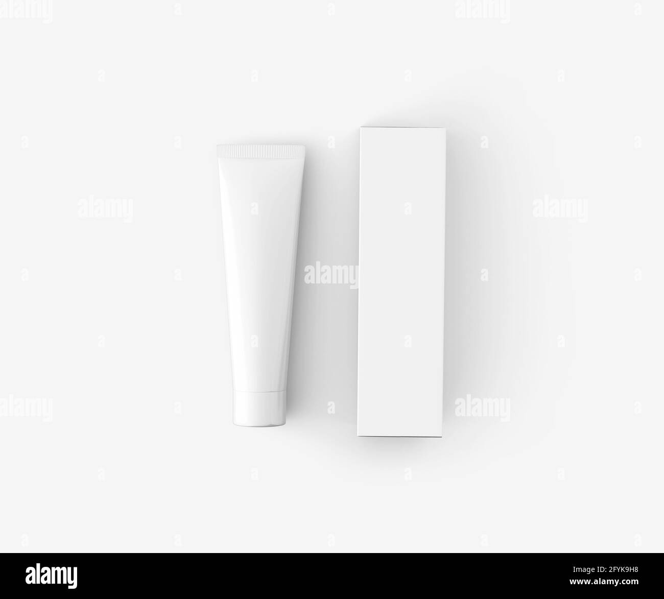 Dentifricio bianco tubo con scatola, contenitore vuoto 3D rendering isolato su sfondo chiaro Foto Stock