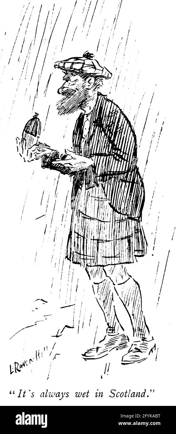 E 'sempre bagnato in Scozia dal libro 'Three men on the bummel' illustrato da L. Raven Hill scritto da Jerome, Jerome K. (Jerome Klapka), 1859-1927. Editore Bristol [Ing.] J.W. Arrowsmith 1900 Foto Stock