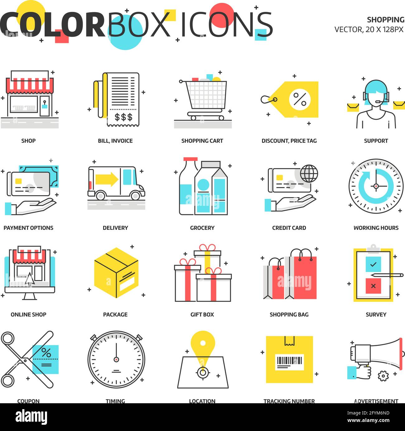 Icone di casella colore, illustrazioni di concetto di shopping, icone, sfondi e grafica. L'illustrazione è colorata, piatta, vettoriale, pixel perfetto, adatto Illustrazione Vettoriale