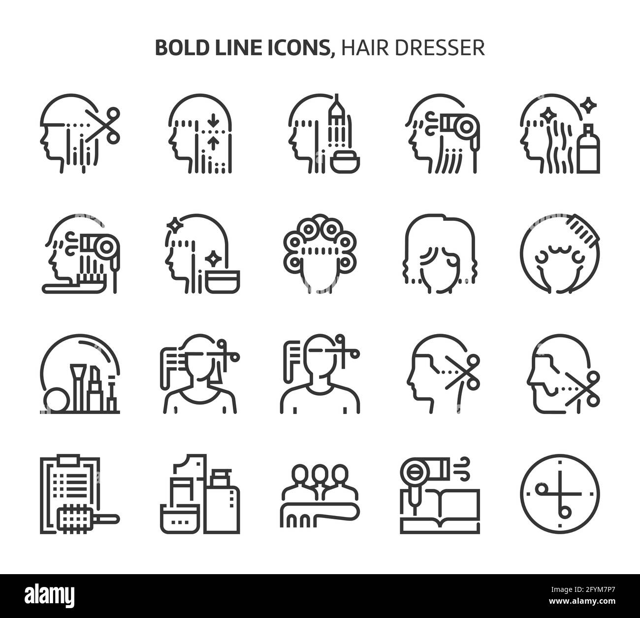 Parrucchiere, icone di linea in grassetto. Le illustrazioni sono un vettore, tratto modificabile, 48x48 pixel Perfect file. Realizzati con precisione e occhio per la qualità. Illustrazione Vettoriale
