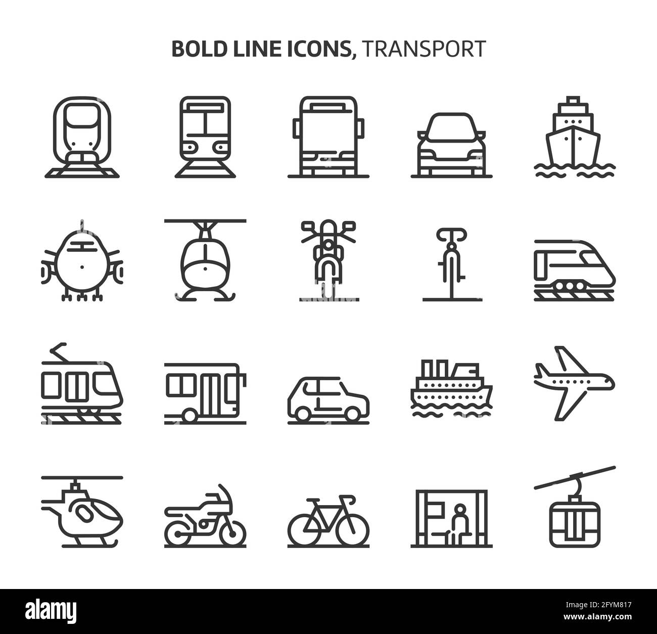 Trasporto, icone di linea in grassetto. Le illustrazioni sono un vettore, tratto modificabile, 48x48 pixel Perfect file. Realizzati con precisione e occhio per la qualità. Illustrazione Vettoriale