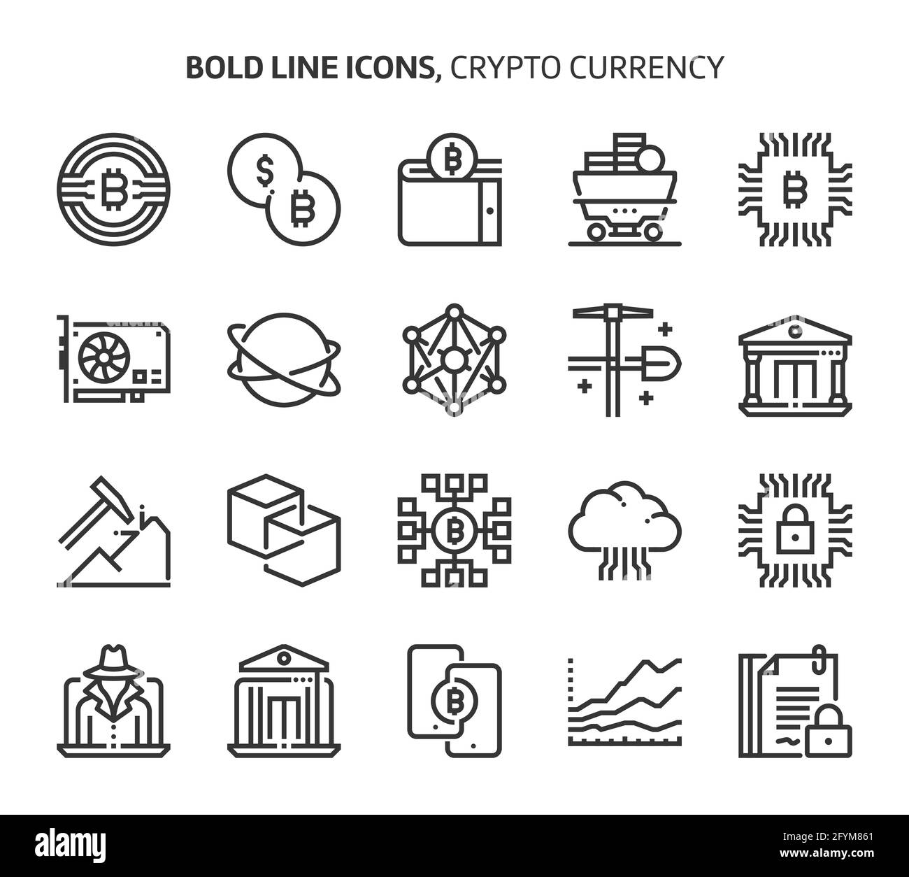 Crypto Currency, icone di linea in grassetto. Le illustrazioni sono un vettore, tratto modificabile, 48x48 pixel Perfect file. Realizzato con precisione e occhio per quali Illustrazione Vettoriale