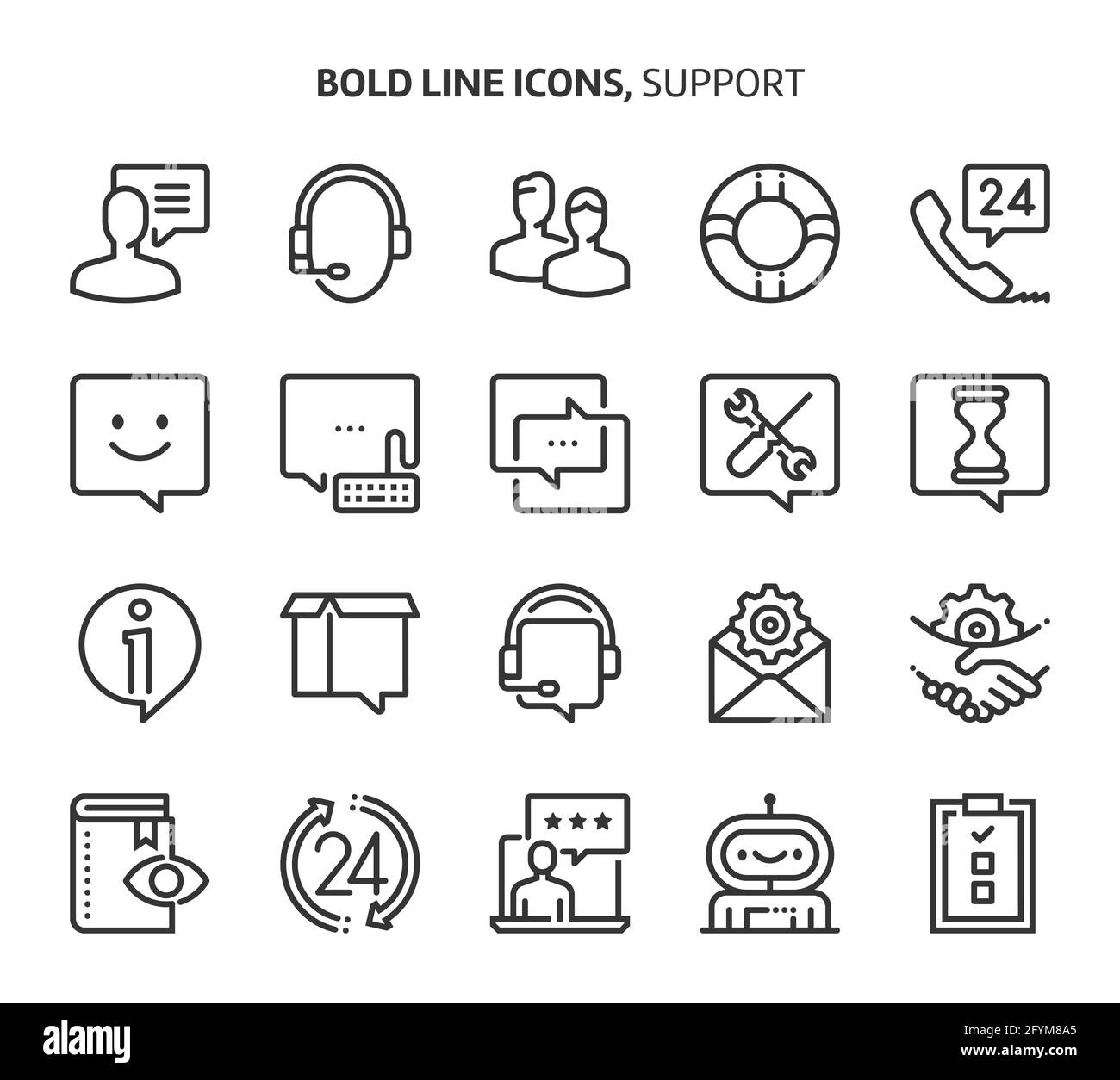 Supporto, icone di linea in grassetto. Le illustrazioni sono un vettore, tratto modificabile, 48x48 pixel Perfect file. Realizzati con precisione e occhio per la qualità. Illustrazione Vettoriale