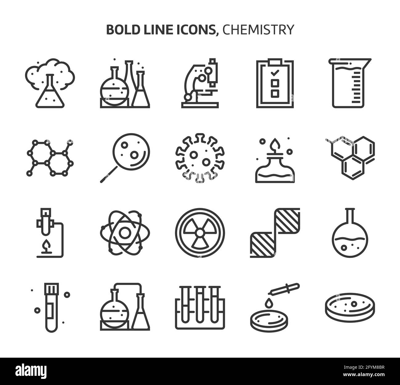 Chimica, icone di linee in grassetto. Le illustrazioni sono un vettore, tratto modificabile, 48x48 pixel Perfect file. Realizzati con precisione e occhio per la qualità. Illustrazione Vettoriale