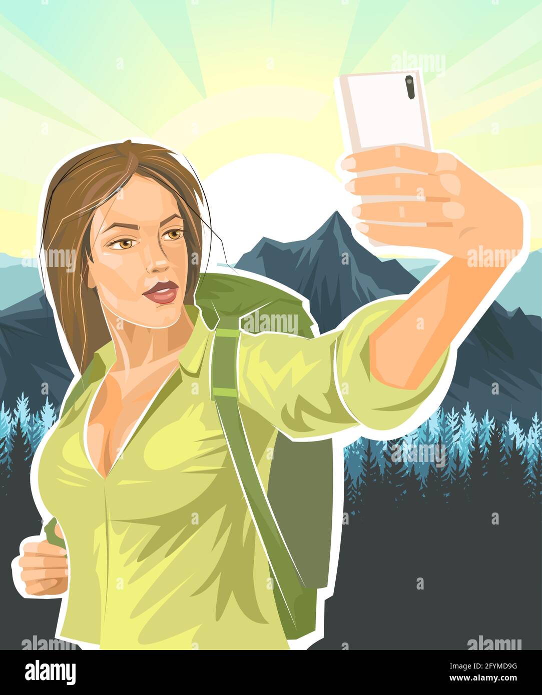 Selfie. Bella ragazza turistica. Zaino. Sullo sfondo di un paesaggio con montagne, foreste di conifere e alba. Bella donna in viaggio. Piatto Illustrazione Vettoriale