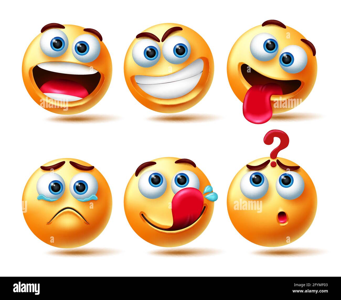 Set di vettori emoticon Smileys. Emoticon personaggi smiley 3d in Happy, smirk, teary eyed e confondere espressione per la collezione di personaggi emoticon. Illustrazione Vettoriale